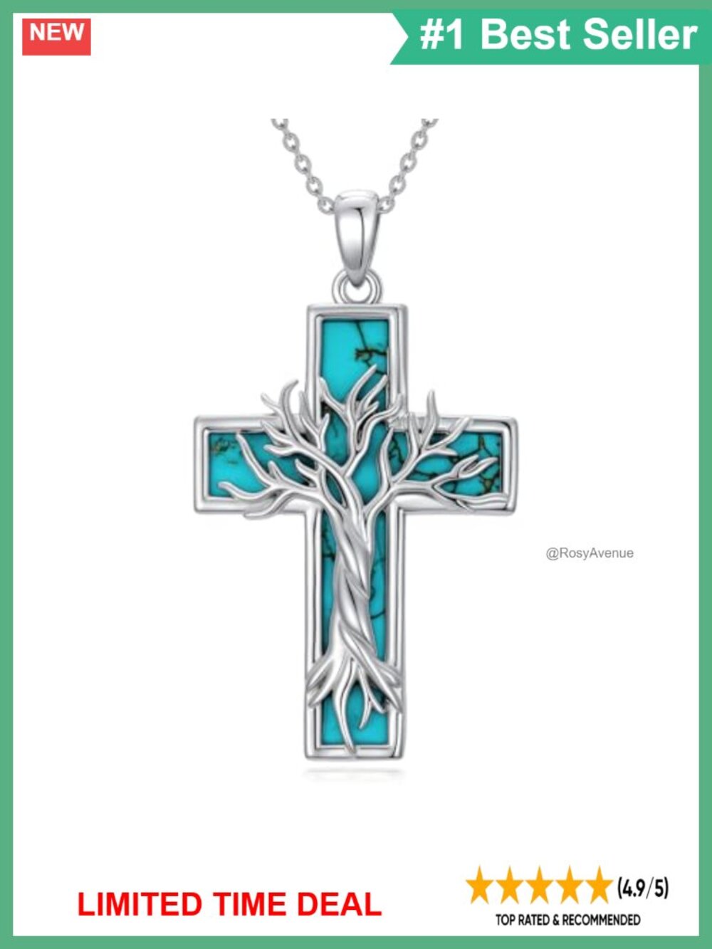 925 Sterling Silver Tree of Life Cross Necklace Genuine Turquoise Pendant